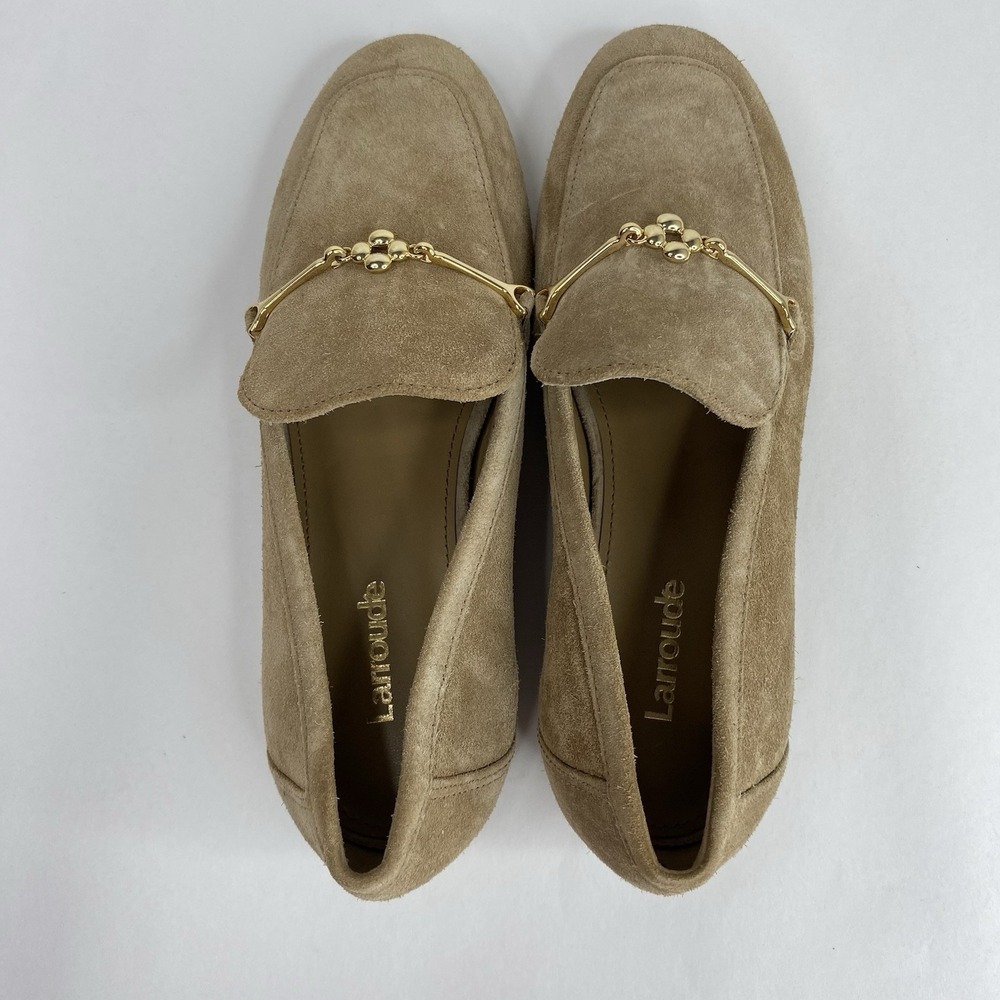 Larroude Suede Katherine Loafers Tan Gold Tone Bit Women's Size 5 Made in Brazil - Picture 5 of 15
